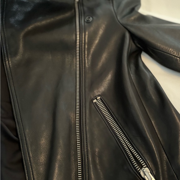 All Saints Black Leather Bomber Jacket with zippers - Picture 6 of 10